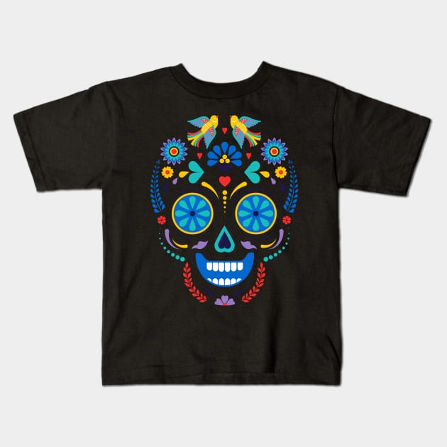 Smiling Floral Dia De Los Muertos Skull Kids T-Shirt by JunkyDotCom